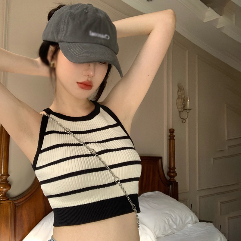 Áo Croptop Dệt Kim Hai Dây Cổ Tròn Ôm Dáng Họa Tiết Kẻ Sọc Gợi Cảm Mùa Hè Hàn Quốc Cho Nữ