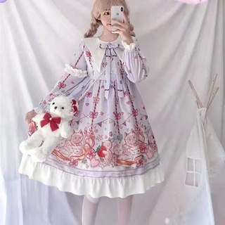 Đầm Công Chúa Lolita Tay Dài Cổ Hải Quân Mềm Mại Xinh Xắn Cho Nữ
