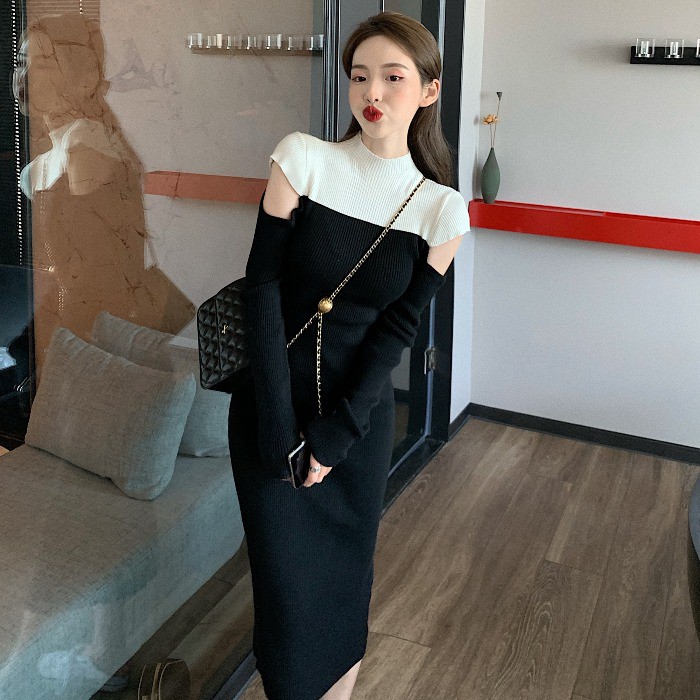 Đầm Dệt Kim Dáng Dài Hở Vai Phong Cách Hàn Quốc Nữ Tính