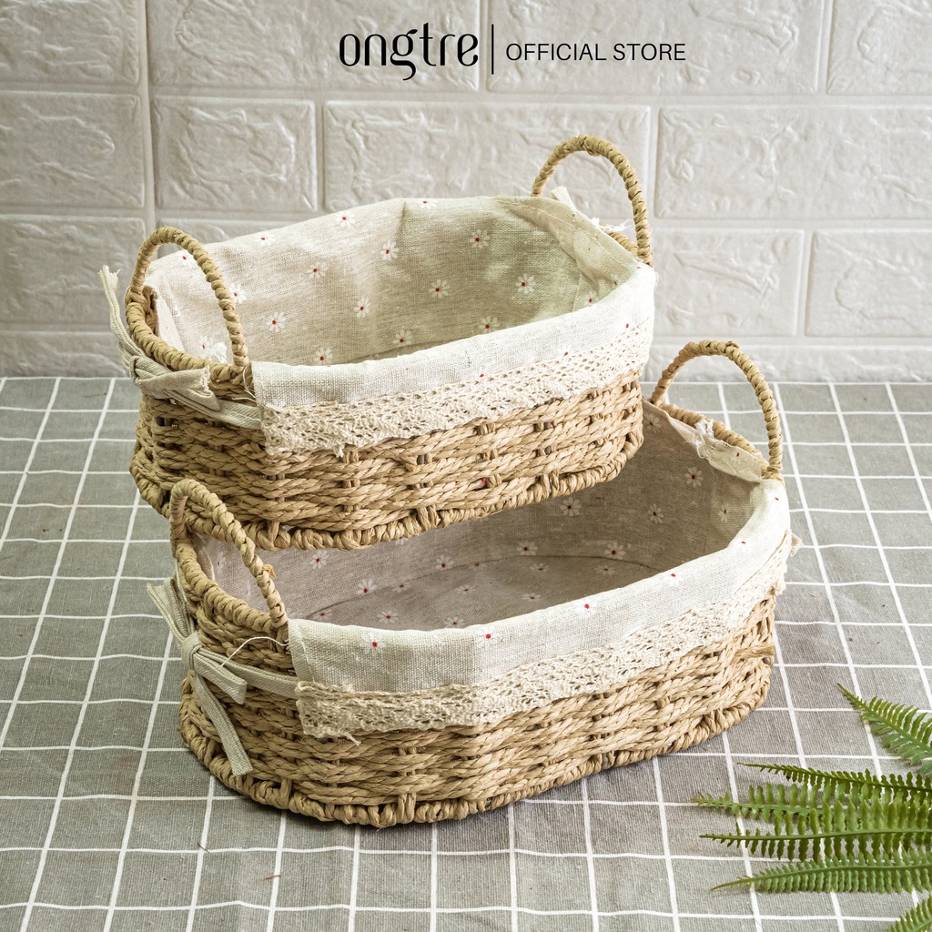 Giỏ mây lót vải có lót ONGTRE đựng đồ dùng nhỏ, giỏ picnic, decor phòng khách(Rổ cói có quai lót vải)