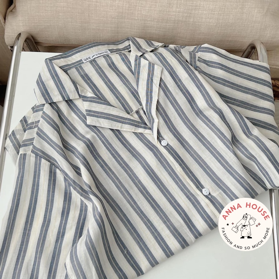Áo sơ mi nữ cộc tay cổ vest kẻ sọc xanh, xám chất đũi form rộng, Áo sơ mi nữ tay ngắn, dài cổ vest kẻ sọc Freesize