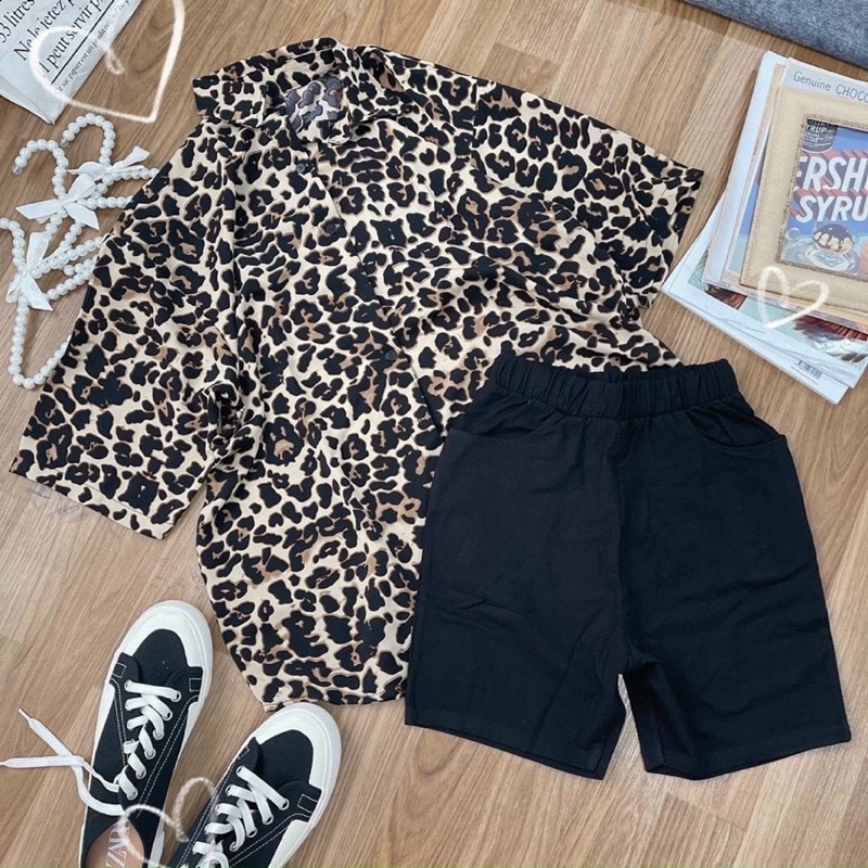 Set sơ mi beo + quần bike lưng thun