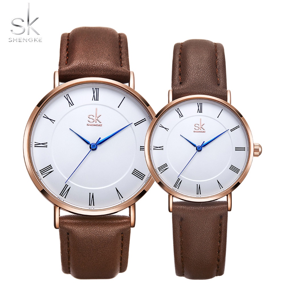SHENGKE Đồng hồ cặp nam nữ dây da đen mặt la mã kim xanh đồng hồ đôi chính hãng đẹp , size 28mm & size 40mm
