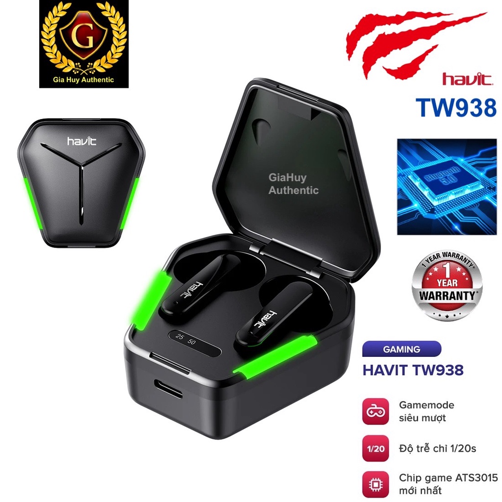 Tai Nghe Gaming TWS HAVIT TW938 Bass Chất Game Mượt, Chip ATS3015 Giảm Độ Trễ 0.05s - Hàng Chính Hãng BH 12 Tháng