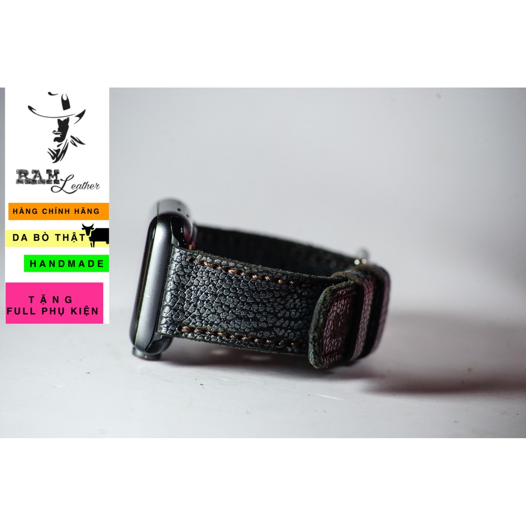 Dây Apple Watch , iWatch , iphone Watch da bò vân cá mập vintage RAM Leather classic 1956 đen thép