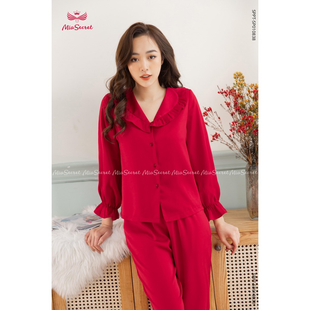 Bộ Đồ Ngủ Mia Secret Lụa Tằm Băng Cao Cấp - Cổ V Bèo Đỏ Dài Tay - SP010838 | BigBuy360 - bigbuy360.vn