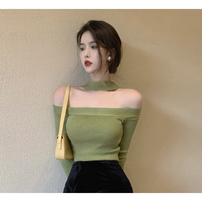 Áo dệt kim tay dài trễ vai dáng ôm thời trang quyến rũ cho nữ COZOK