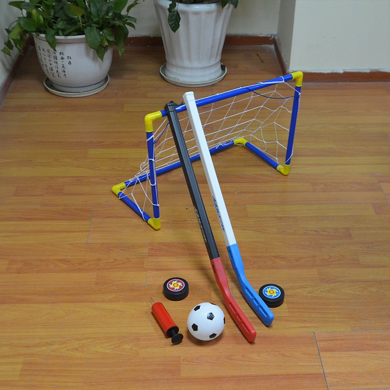 2 in 1 Outdoor/Indoor Kids Sports Soccer & Ice Hockey Goals with Balls and Pump Practice Scrimmage Game Football Toy Set
