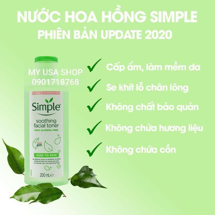 Nước hoa hồng Mỹ❤Nước hoa hồngSimple Soothing Facial Toner 200ml  làm mềm mịn da