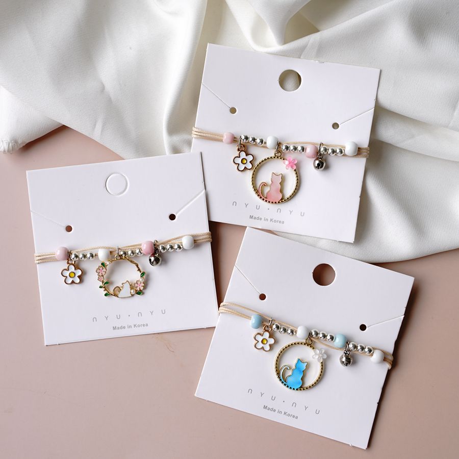 Vòng Tay Dây Thừng Xỏ Hạt Hợp Kim Mặt Hình Mèo Phong Cách Hàn Quốc Đơn