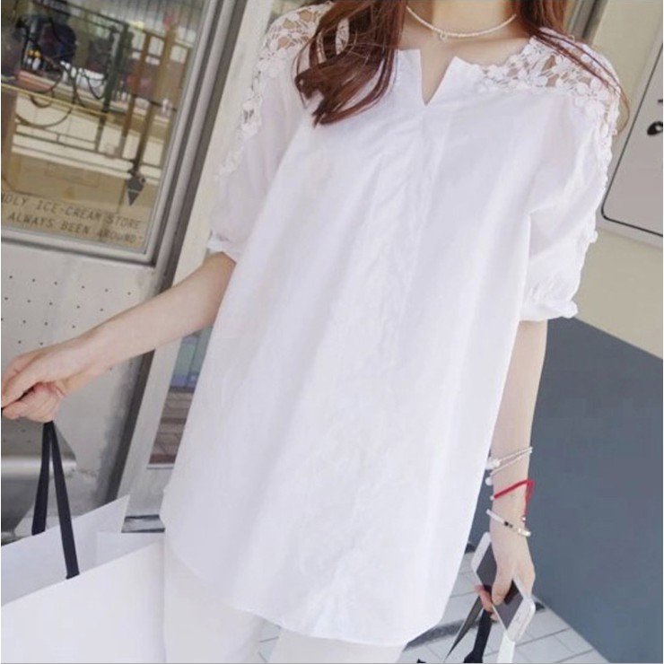 Sơ mi nữ vai ren hoa sang trọng,áo dáng rộng ảnh thật shop chụp s107