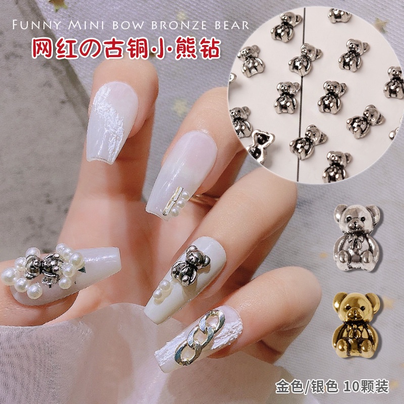 Bộ 10 Phụ Kiện Trang Trí Móng Tay Hình Gấu Dễ Thương Bằng Kim Loại