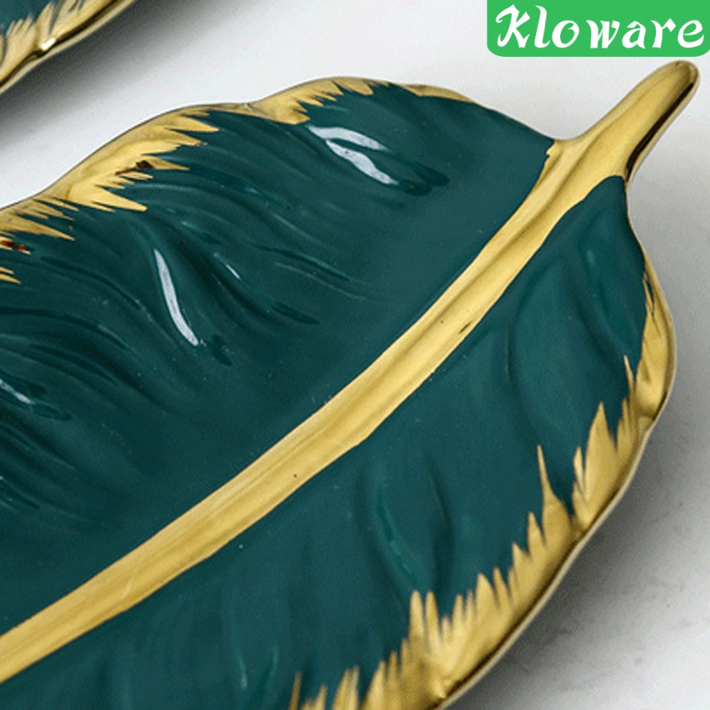 Đĩa gốm đựng nữ trang đồ ăn thiết kế hình lá Chuối tráng men màu xanh ngọc lục bảo mạ vàng cao cấp trang trí nội thất
