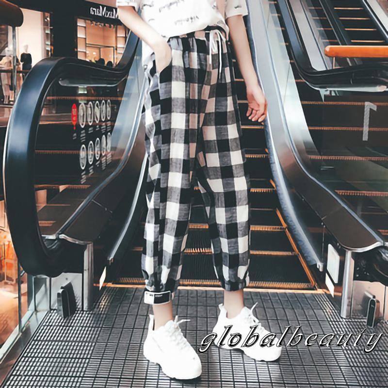 GB-Female Trousers, Women’ s Plaid High Waist Long Harem Pants with Drawstring for Spring Summer, S/M/L/XL/XXL