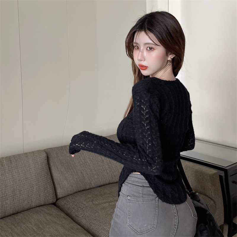 Áo len phối ren trắng cổ vuông dây kéo cardigan gợi cảm