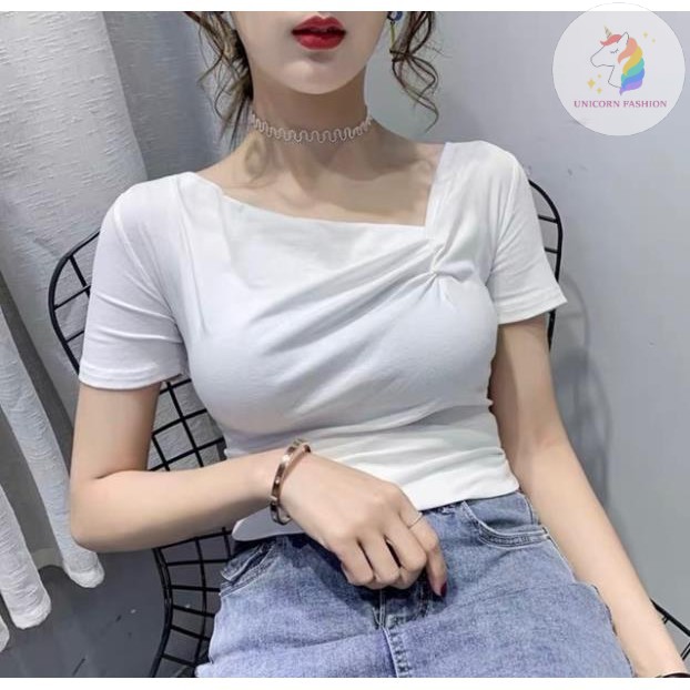 Áo Thun Phối Cổ Chéo Lạ Cá Tính Sexy Trắng Đen SHTAK03 Mys Unicorn Fashion