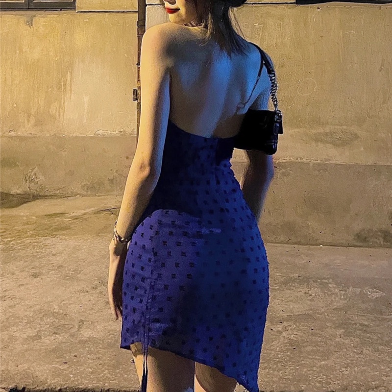 DUNEA Đầm hai dây thiết kế hở lưng lệch tà màu xanh dương thời trang quyến rũ dành cho nữ