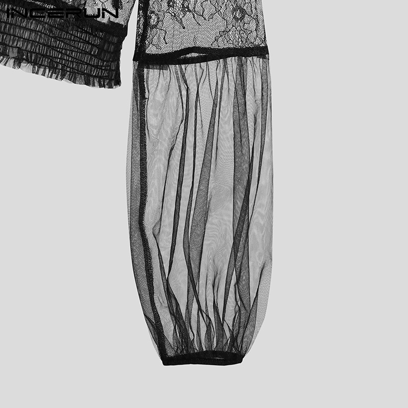 INCERUN Áo Croptop Tay Dài Phối Ren Xuyên Thấu Thời Trang Cho Nam