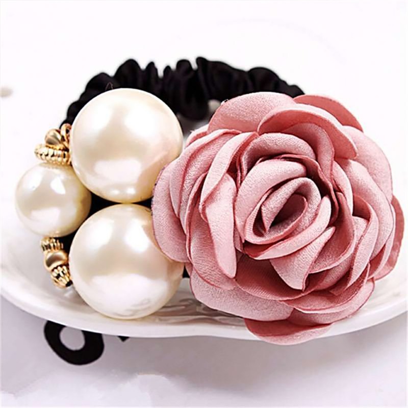Dây buộc tóc hoa hồng đính ngọc trai thiết kế thời trang độc đáo