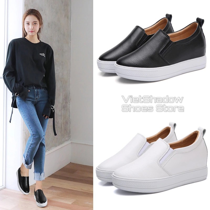 [Hạ Giá] Slip on da nữ độn đế - Giày lười da nữ đế xuồng - Chất liệu da bò màu (trắng) và (đen) - Mã SP: 9909