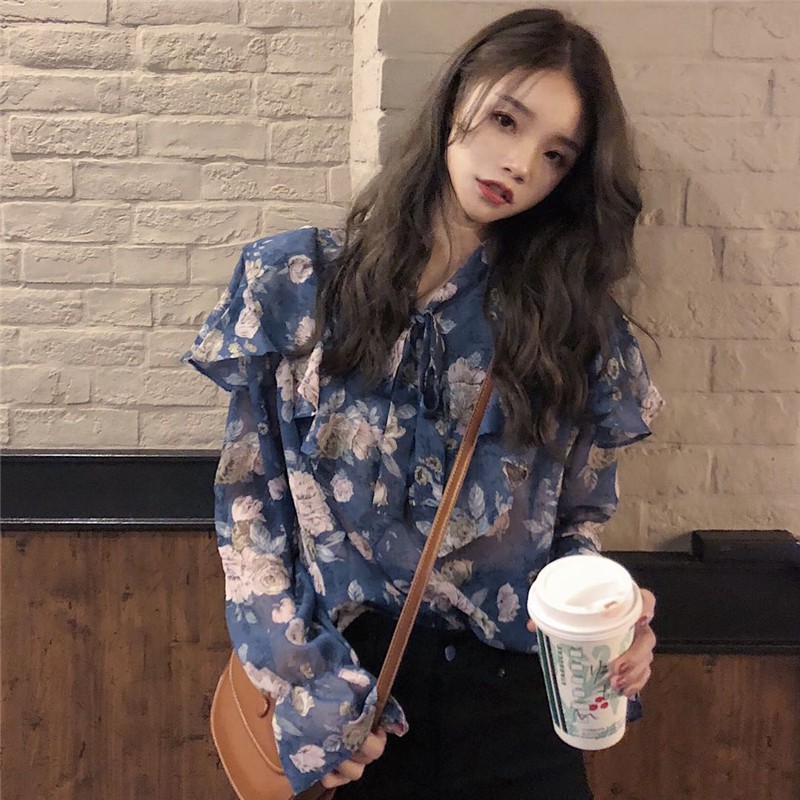 Áo voan hoa kiểu viền bèo cổ thắt nơ dài tay loe tiểu thư Hàn Quốc ulzzang