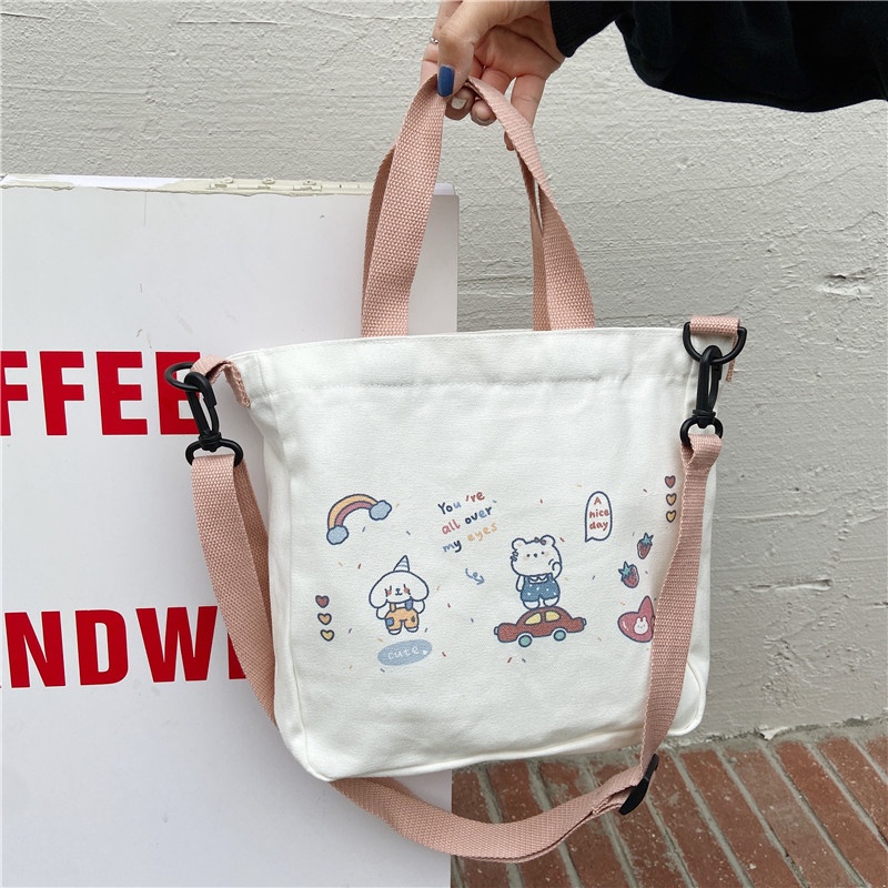 Túi Đeo Chéo Vải Canvas Họa Tiết Hoạt Hình Dễ Thương Cho Các Bạn Nữ