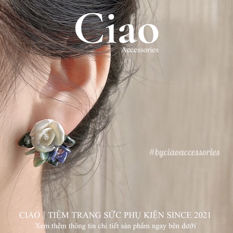 [HOẢ TỐC 1H] Khuyên tai/ Bông tai mạ bạc S925 thiết kế tráng gương Queen Rosa Ciao