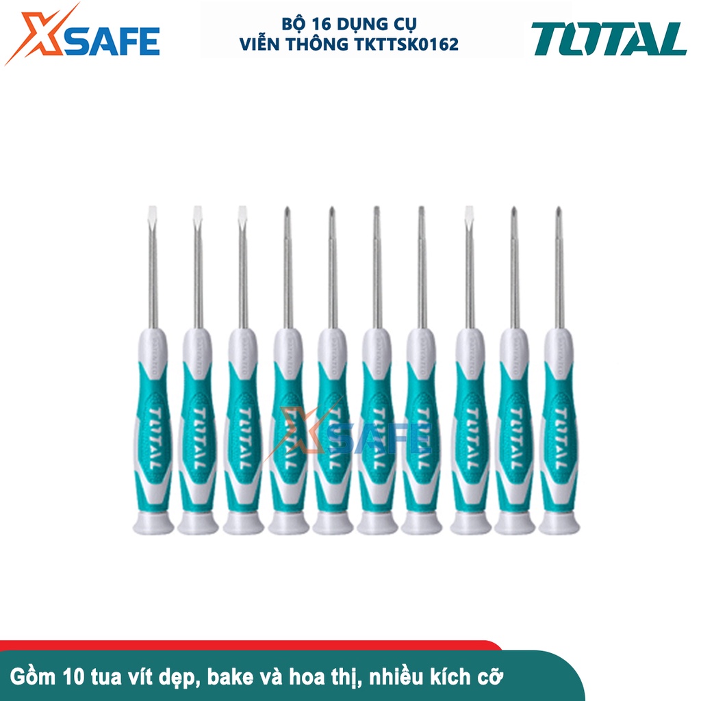 Bộ 16 tua vít và kìm chuẩn TOTAL TKTTSK0162, bộ dụng cụ gồm 10 tua vít, 4 kìm mini, 1 dao rọc giấy và 1 nhíp kẹp 125mm
