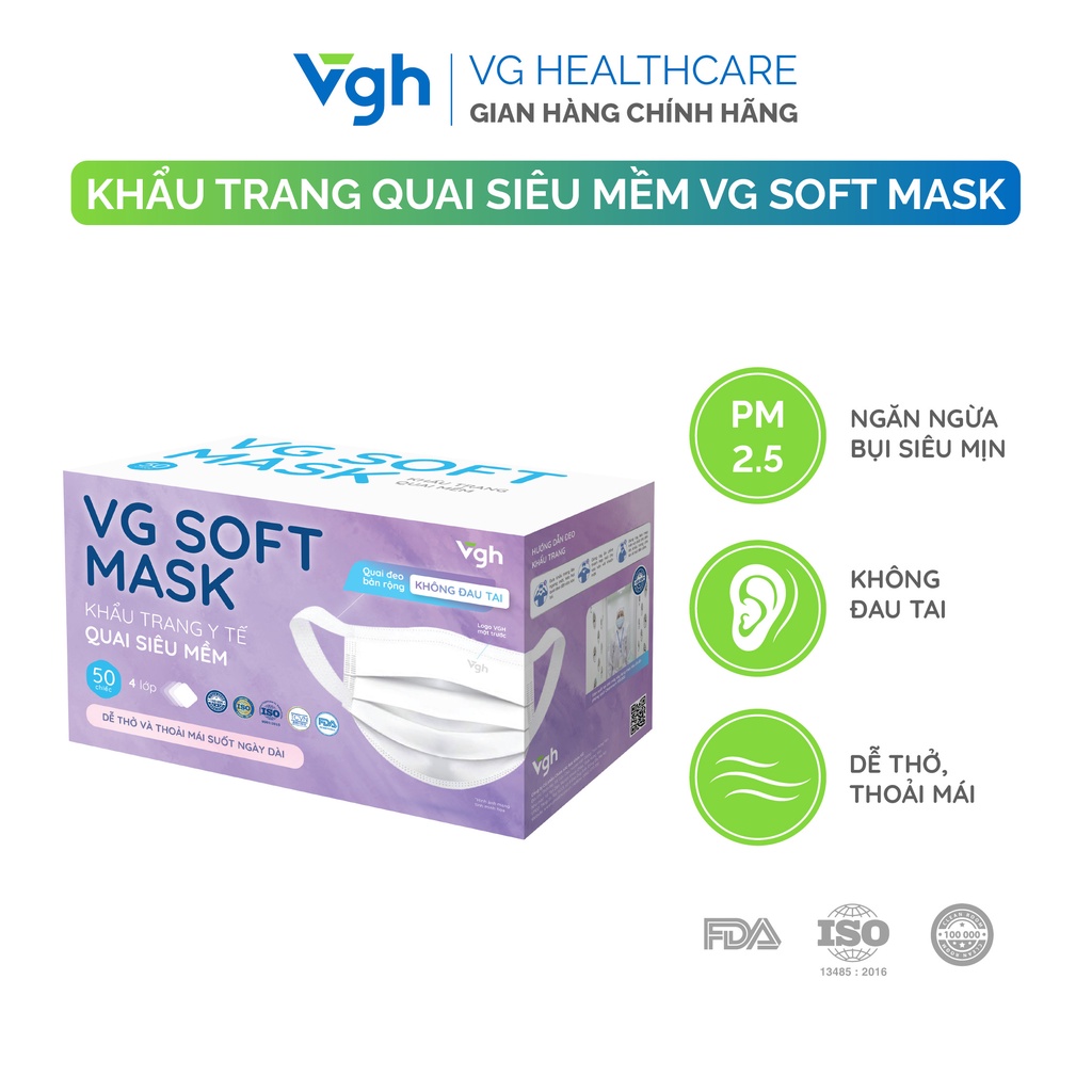 Khẩu trang quai siêu mềm VG Soft Mask lọc khuẩn 95%, dễ thở, không đau tai - Chính hãng VG Healthcare - Hộp 50 chiếc