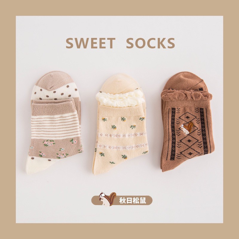 Set 3 Đôi Tất cổ cao Bivota vớ nữ hoa nhí hinh sóc siêu cute T95