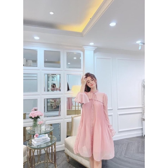 Đầm suông tiểu thư Babier xếp ly phối bèo màu hồng LINN DESIGN