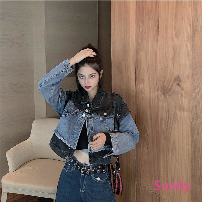 Áo Khoác Denim Tay Dài Dáng Rộng Màu Sắc Vintage Dành Cho Nữ