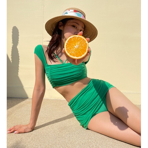 Bikini Hàn Quốc cao cấp váy quần mặc được nhiều kiểu, đồ bơi 2 mảnh xanh lá, đen cạp cao che bụng đi biển