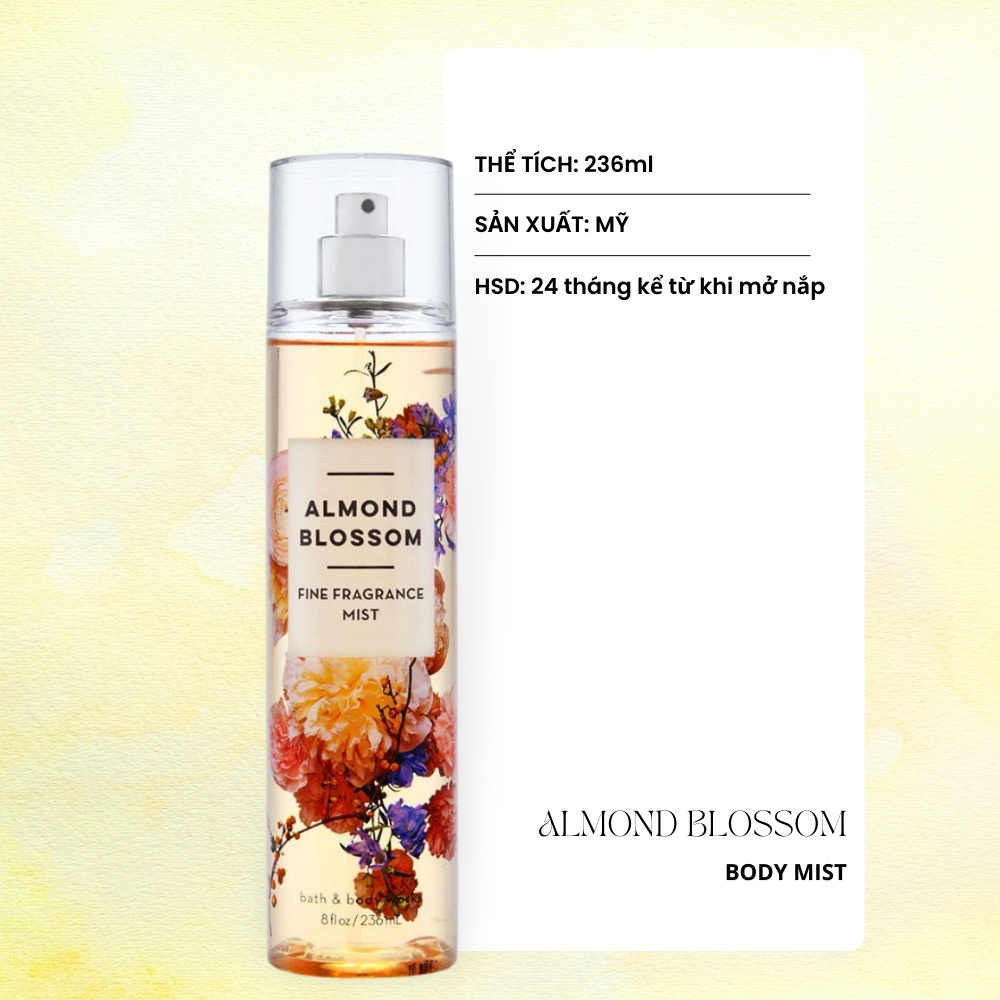 Xịt Thơm Toàn Thân Body Mist Bath & Body Works Almond Blossom - Hương Thơm Ngọt Ngào Chai 236ml