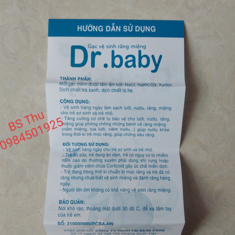 Gạc vệ sinh răng miệng Dr.baby (hộp 30gói) Dr Baby dịch chiết trà xanh- lá hẹ NaHCO3 Xylitol bảo vệ lưỡi-nướu-răng miệng