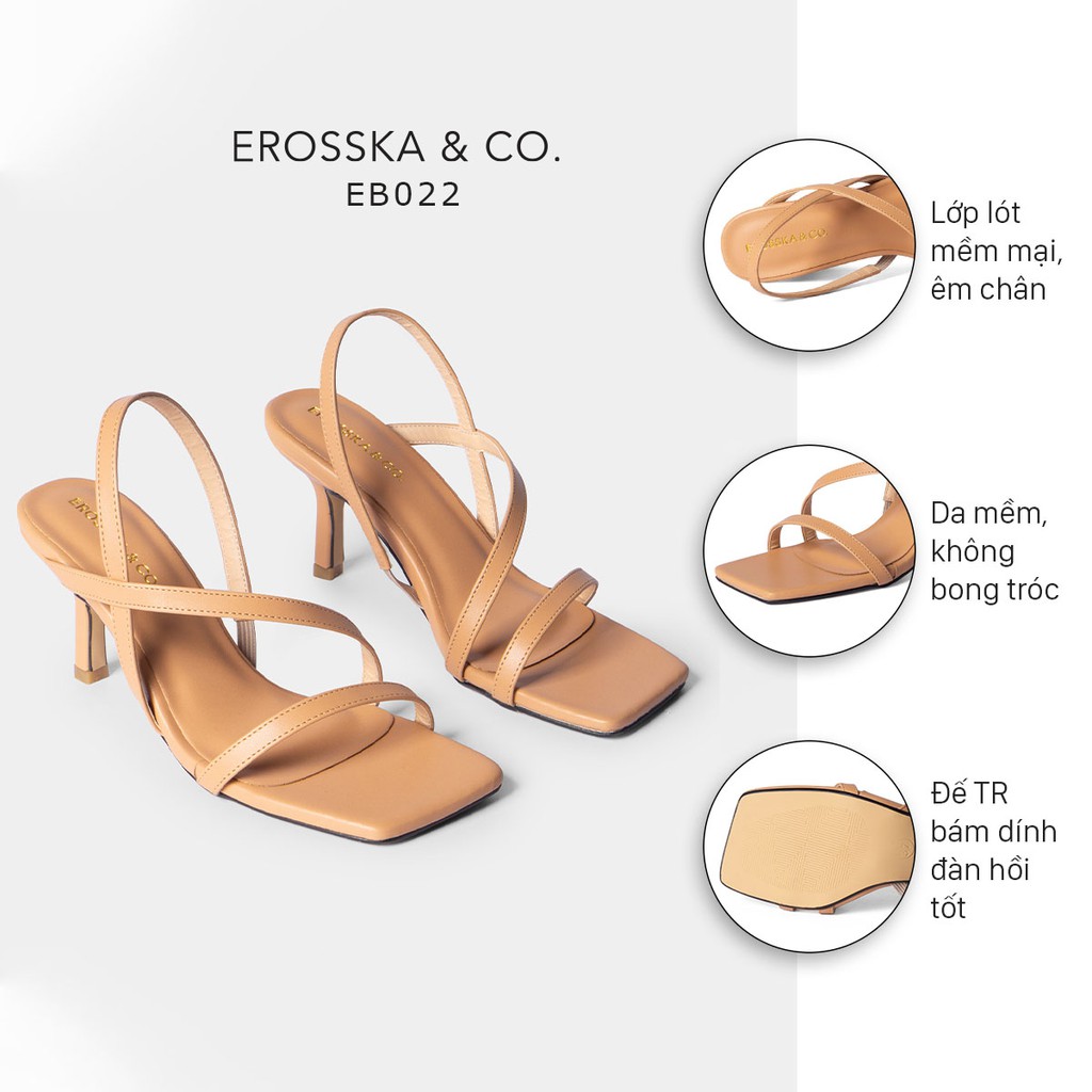 Giày sandal cao gót Erosska mũi vuông quai ngang phối dây cao 7cm màu bò - EB022