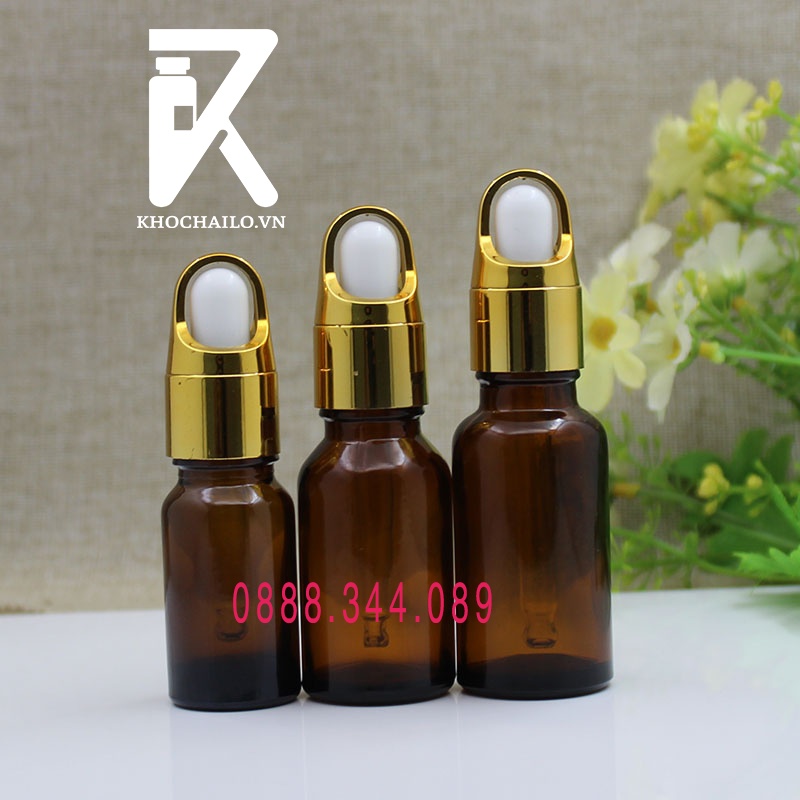 Chai thủy tinh, tinh dầu, serum nâu khoen quai xách vàng, ống thủy tinh bóp trắng 5ml,10ml,15ml,20ml,30ml,50ml,100ml