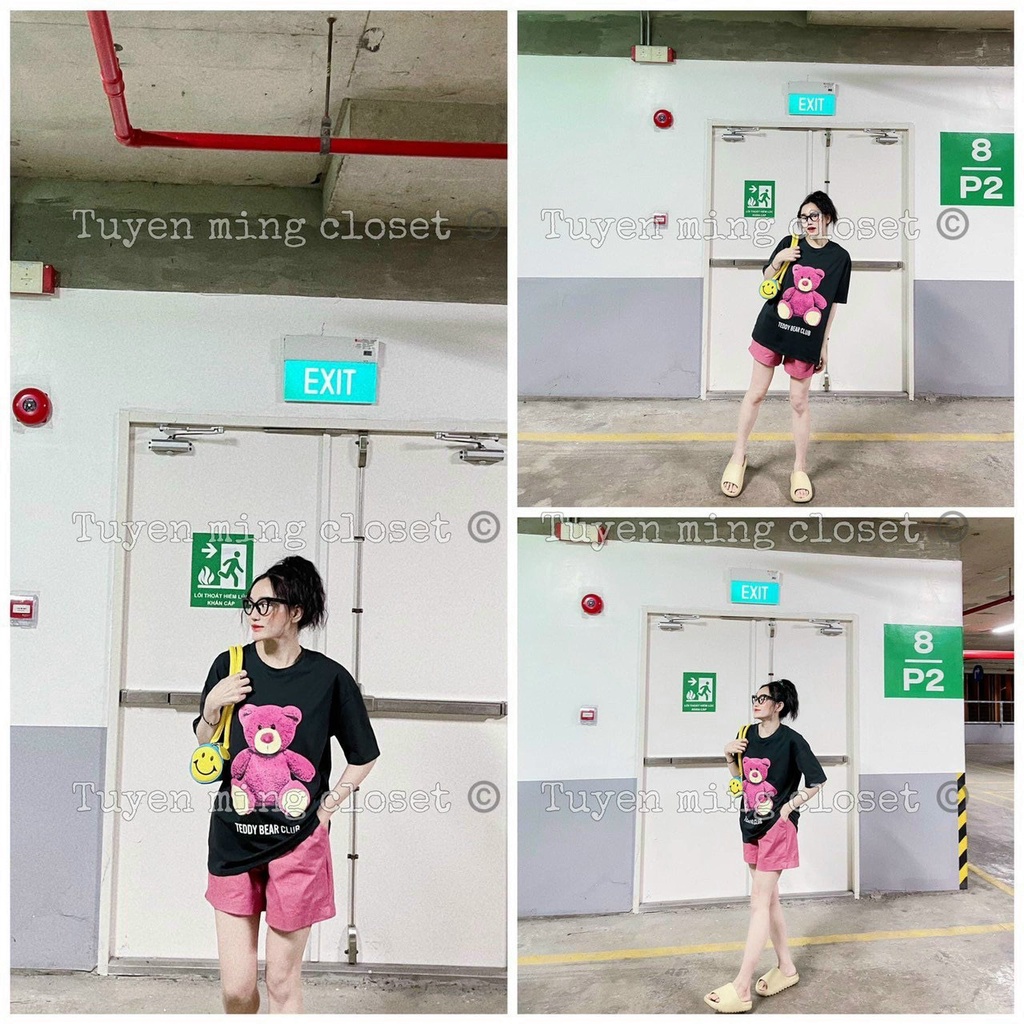 Set áo thun gấu hồng + quần short nude hoạ tiết siêu cute đi chơi dạo phố siêu hợp