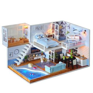 Bộ mô hình lắp ghép DIY – Ngôi nhà búp bê bể bơi (tặng mica, keo dán)