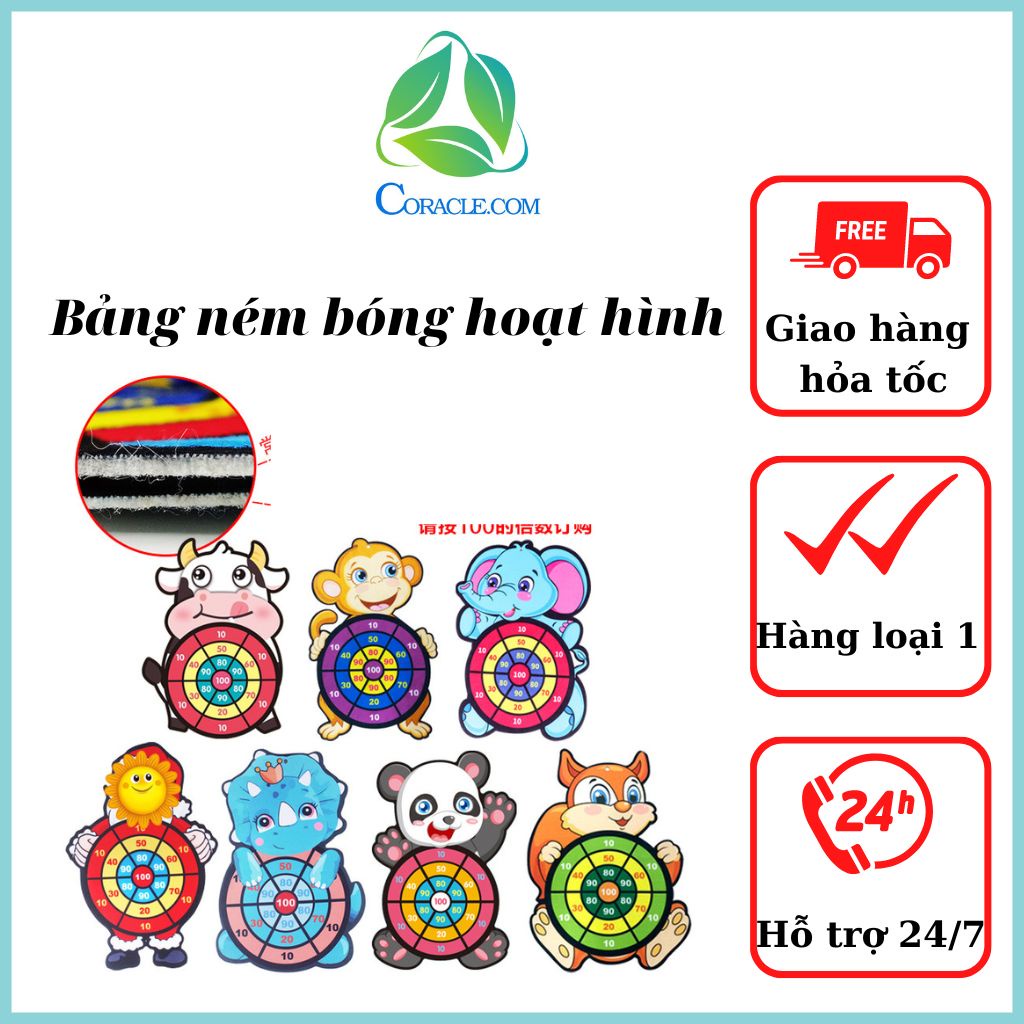 Bảng phi tiêu bóng dính cho bé, đồ chơi ném bóng gai tính điểm hình con vật dễ thương kèm 3 bóng. CORACLE