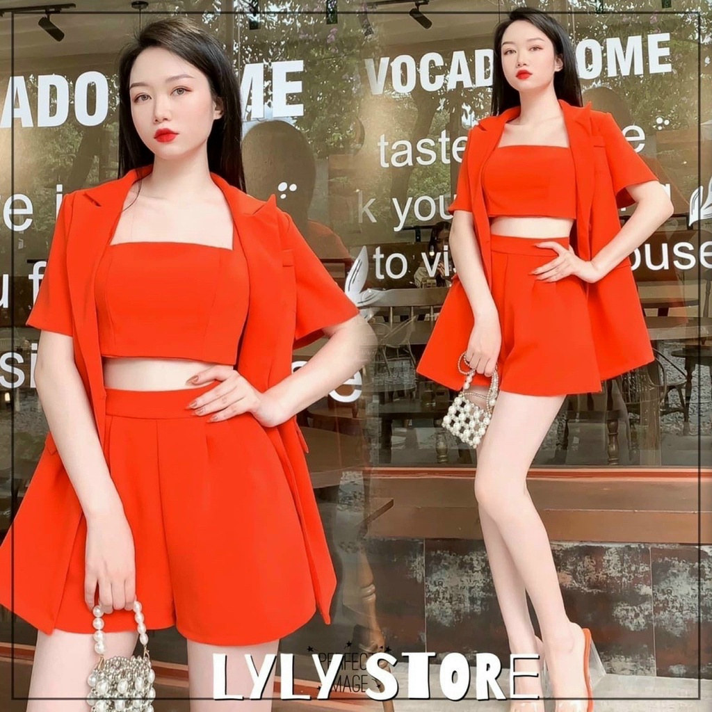 Set bộ đồ nữ 3 món áo vest tay ngắn mix áo 2 dây cùng tone sang trọng, lịch sự dành cho các nàng đi làm