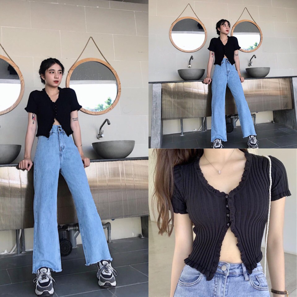 Áo croptop Never Stop nút áo kiểu gài 1 nửa khoe vòng eo hàng nhập quảng châu chất len gân co giãn dễ mix kèm ảnh thật