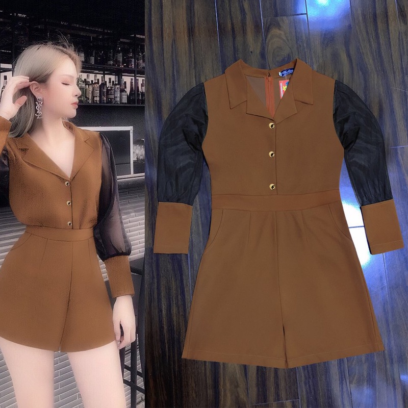 Jumsuit nữ dáng ngắn - Jum short tay dài phối lưới cổ vest đính nút xinh xắn J1165