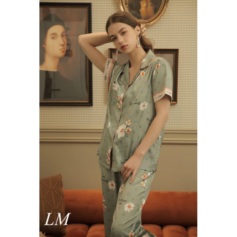 Pijama lụa nữ🎋FREESHIP🎋 Đồ mặc nhà lụa tay ngắn quần dài cao cấp họa tiết hoa văn phối bảng màu độc lạ tạo nên siêu phẩm