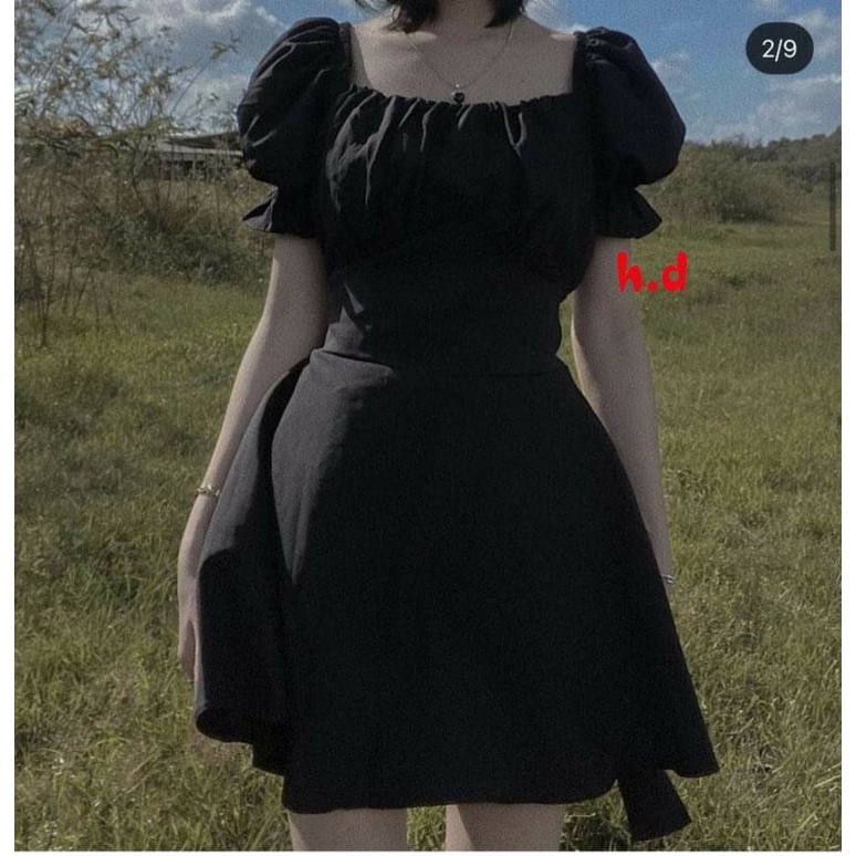 VÁY Trễ Vai cổ vuông ngắn tay Nơ lưng 2 lớp FREESIZE  Đầm Vintage tiểu thư Bánh Bèo Nhún Tay Sang chảnh