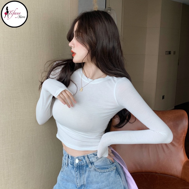  Áo Croptop Tay Dài Cổ Tròn Chất Thun Co Dãn Màu Trắng Freesize - CROPTOP Dài Tay