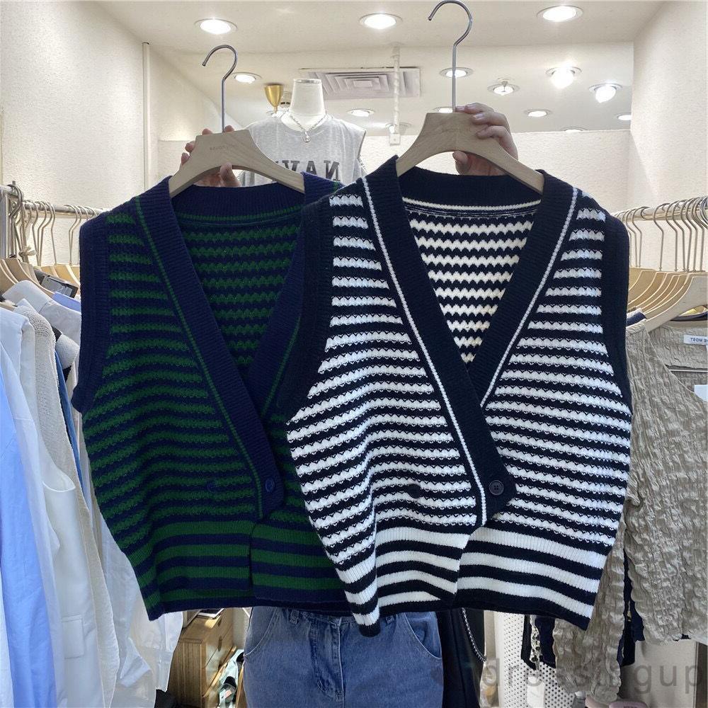 Áo dệt kim không tay cổ chữ V họa tiết kẻ sọc màu sắc thời trang mùa thu cho nữ | BigBuy360 - bigbuy360.vn