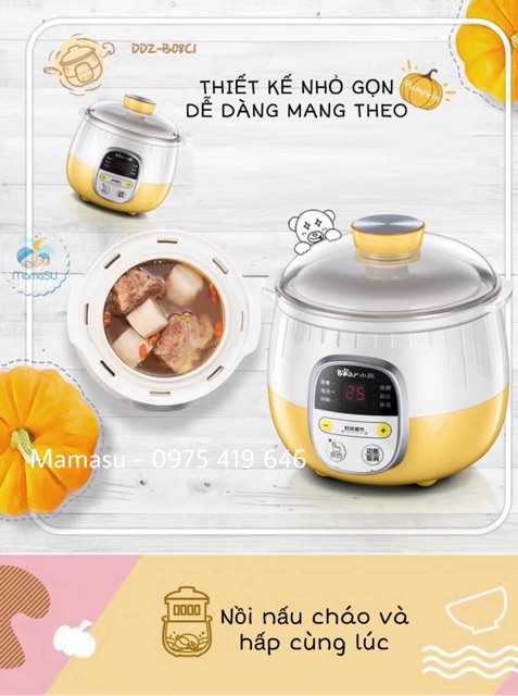 [TẶNG BẢNG ĐK TIẾNG VIỆT] Nồi nấu cháo ninh hầm cách thuỷ cho bé Bear 0,8l (vừa nấu cháo vừa hấp)