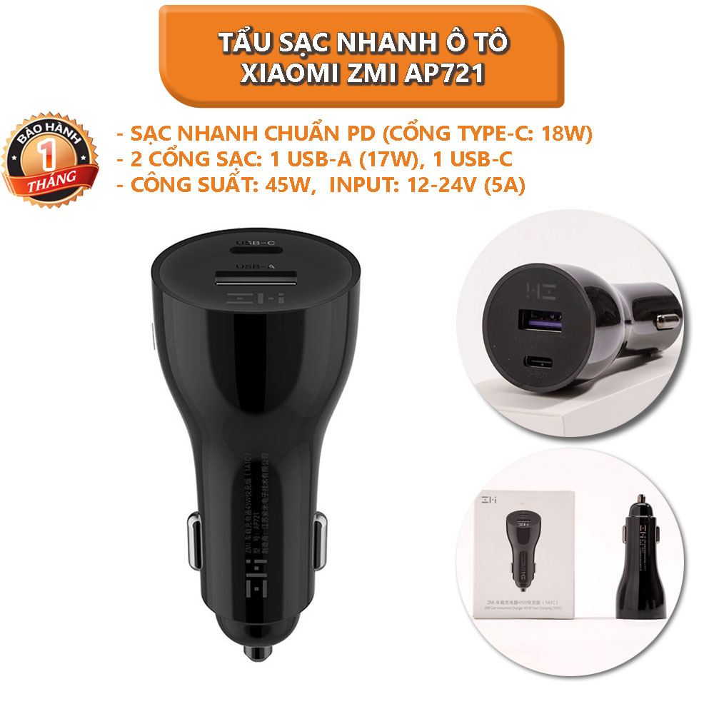 Tẩu sạc nhanh ô tô 45W Xiaomi ZMI AP721 (1A1C) - Bảo hành 1 tháng