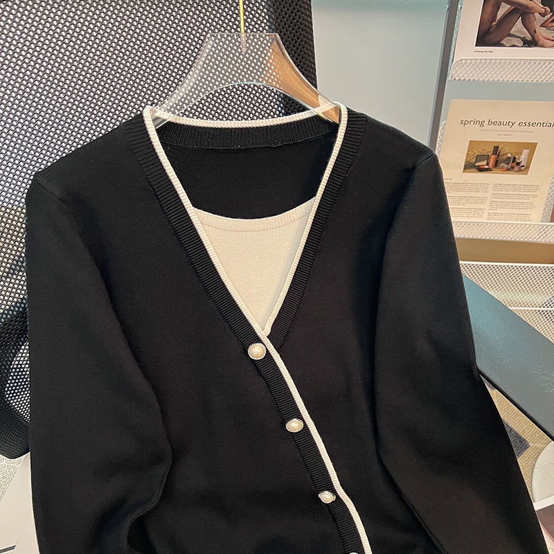 Áo Len Tay Dài Cổ Chữ V Giả Hai Lớp Phong Cách Hàn Quốc Thời Trang Thu Đông Cho Nữ